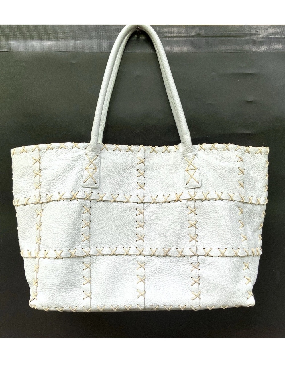 BERGE Italian Leather Patchwork Tote Light Blue Cross Stitch